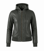 Women’s Hooded Leather Bomber Jacket in XS - Jacket Aura