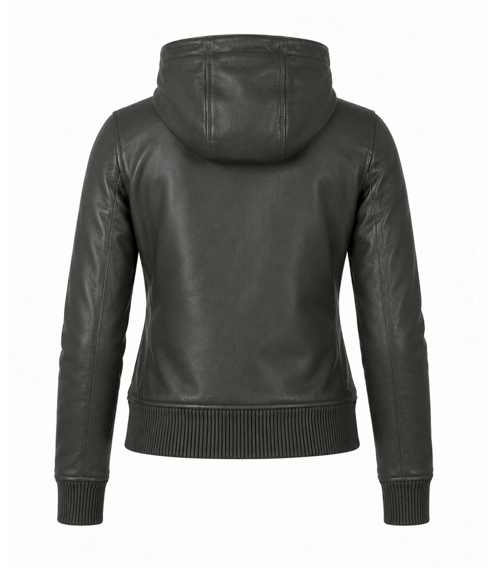 Women’s Hooded Leather Bomber Jacket in XS - Jacket Aura