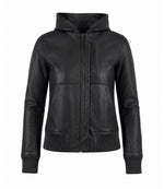 Women’s Hooded Leather Bomber Jacket in XS - Jacket Aura