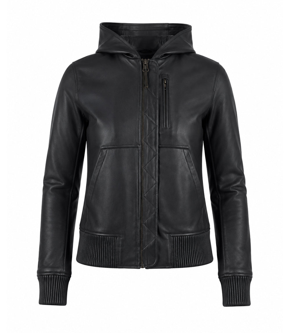 Women’s Hooded Leather Bomber Jacket in XS - Jacket Aura
