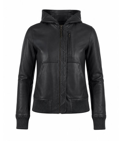 Women’s Hooded Leather Bomber Jacket in XS - Jacket Aura