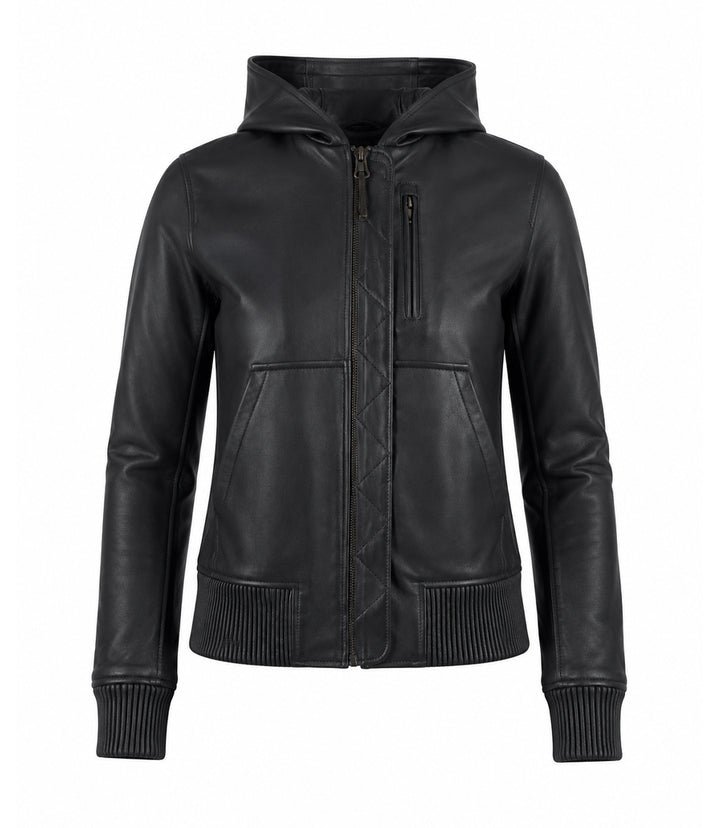 Women’s Hooded Leather Bomber Jacket in XS - Jacket Aura