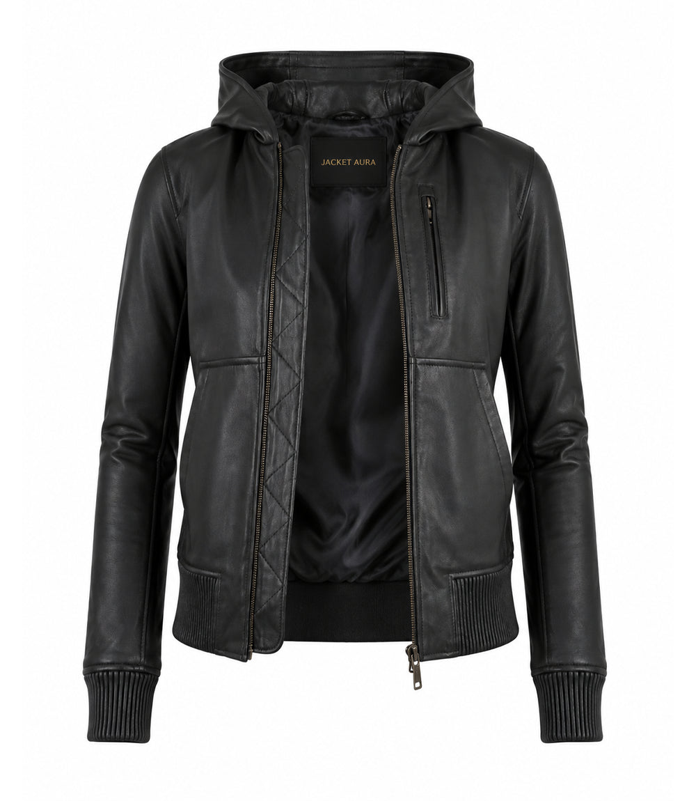 Women’s Hooded Leather Bomber Jacket in XS - Jacket Aura