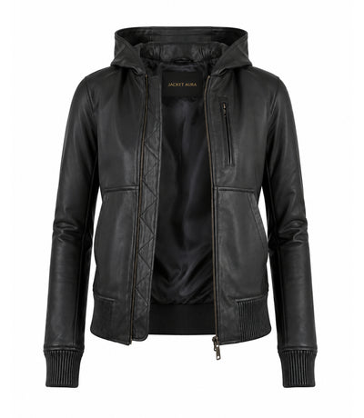 Women’s Hooded Leather Bomber Jacket in XS - Jacket Aura