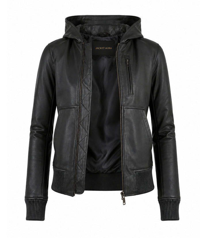 Women’s Hooded Leather Bomber Jacket in XS - Jacket Aura