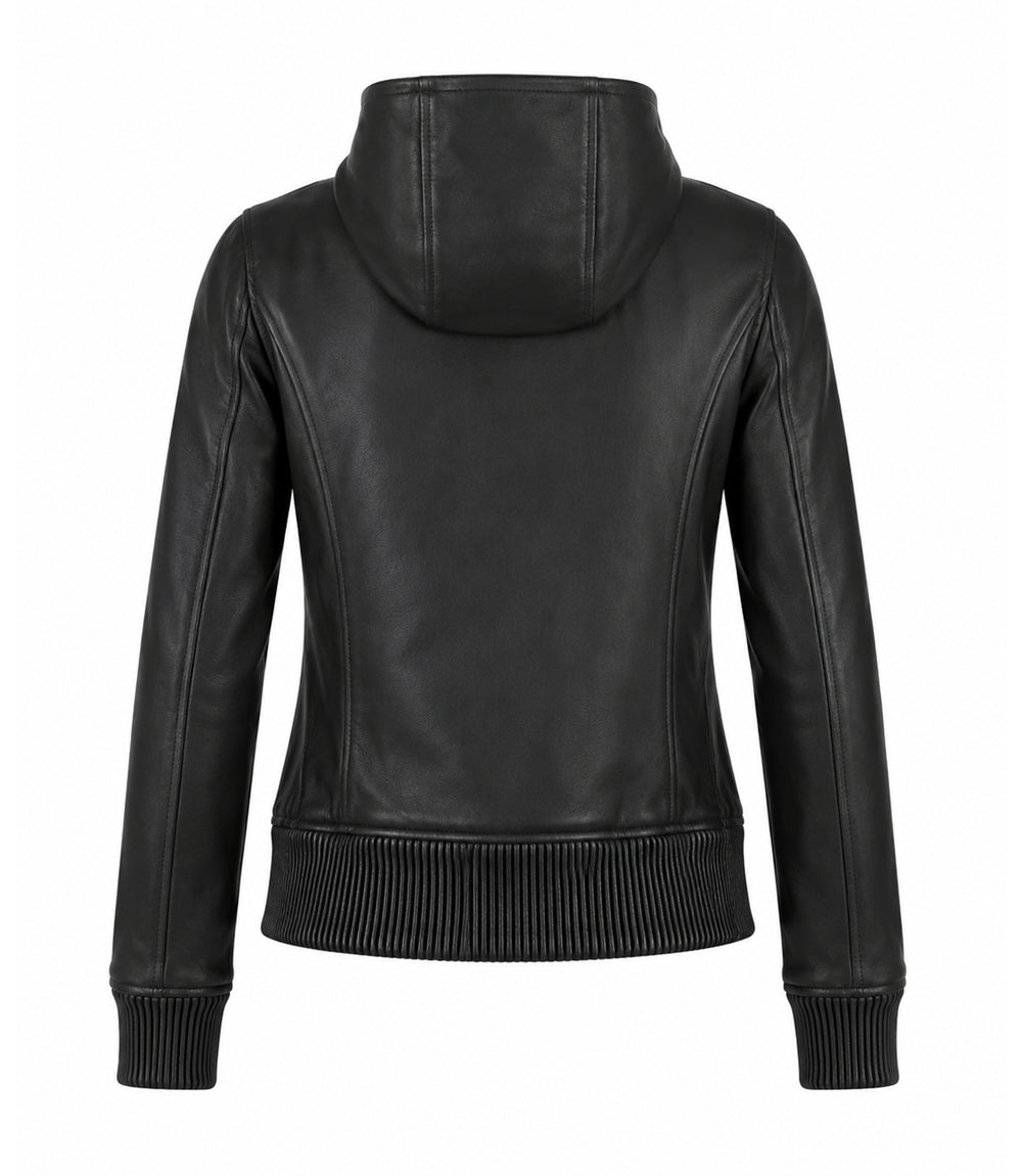 Women’s Hooded Leather Bomber Jacket in XS - Jacket Aura