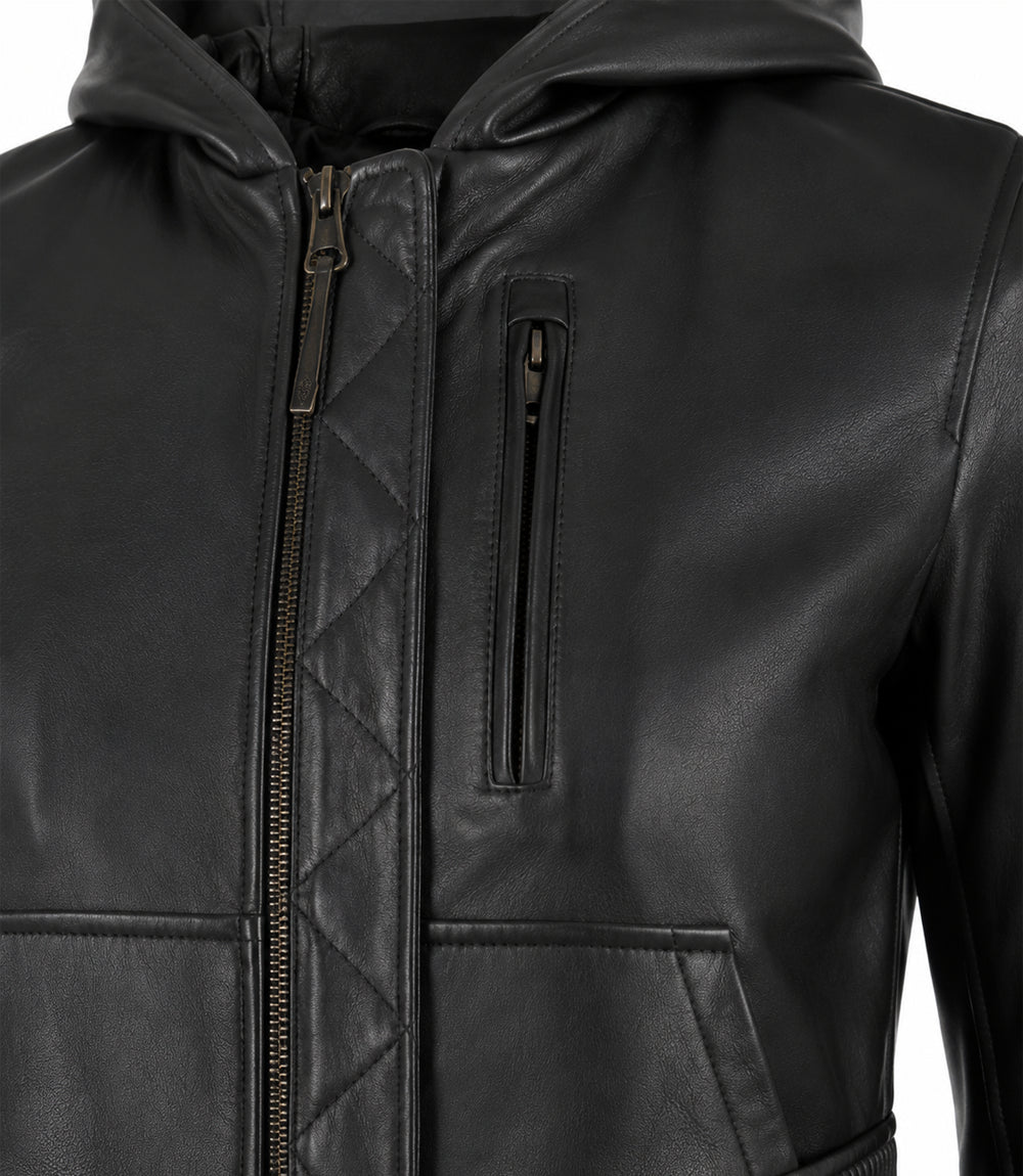 Women’s Hooded Leather Bomber Jacket in XS - Jacket Aura