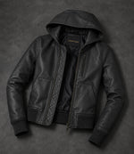 Women’s Hooded Leather Bomber Jacket in XS - Jacket Aura