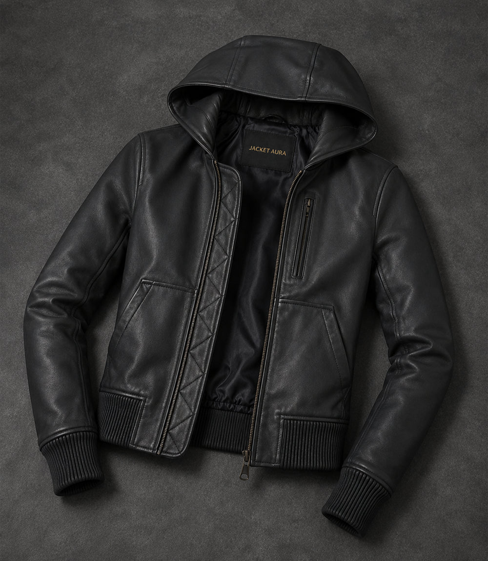 Women’s Hooded Leather Bomber Jacket in XS - Jacket Aura