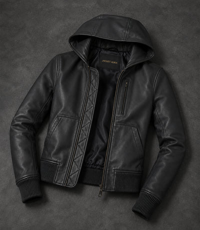 Women’s Hooded Leather Bomber Jacket in XS - Jacket Aura