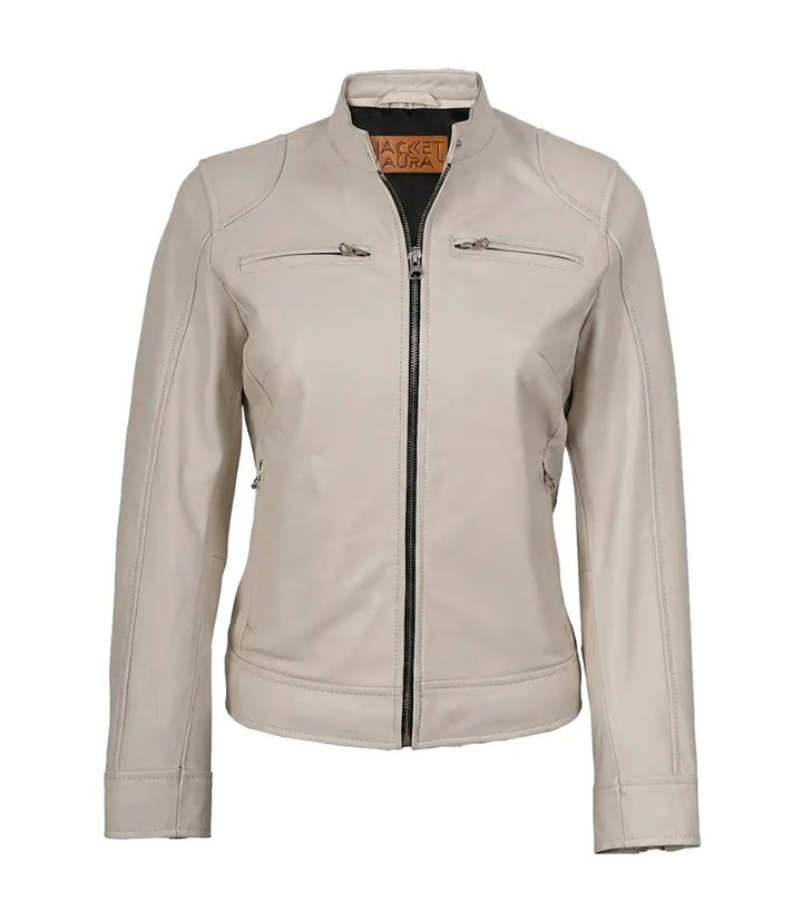 Women’s Off White Leather Biker Jacket | Jacket Aura in XS - Jacket Aura