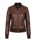 Women’s Silky Brown Leather Bomber Jacket in XS - Jacket Aura