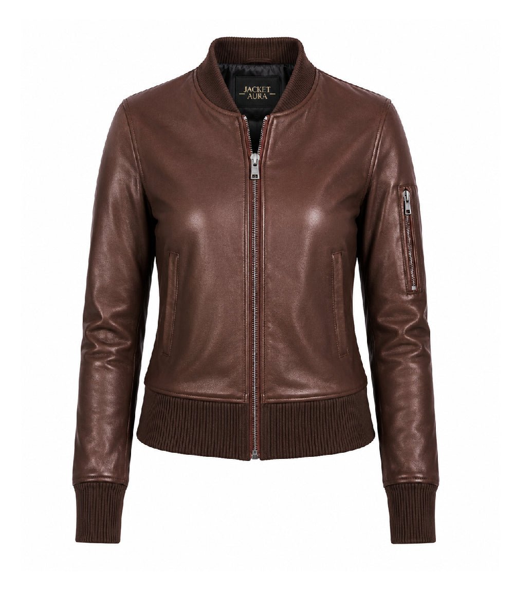 Women’s Silky Brown Leather Bomber Jacket in XS - Jacket Aura