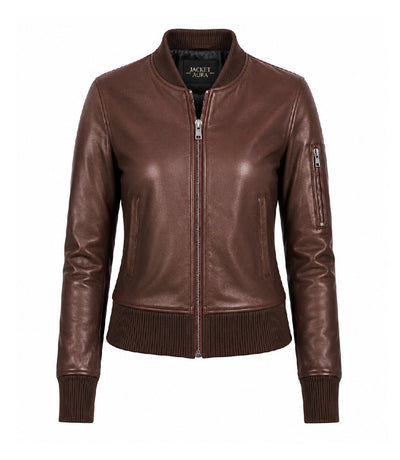 Women’s Silky Brown Leather Bomber Jacket in XS - Jacket Aura