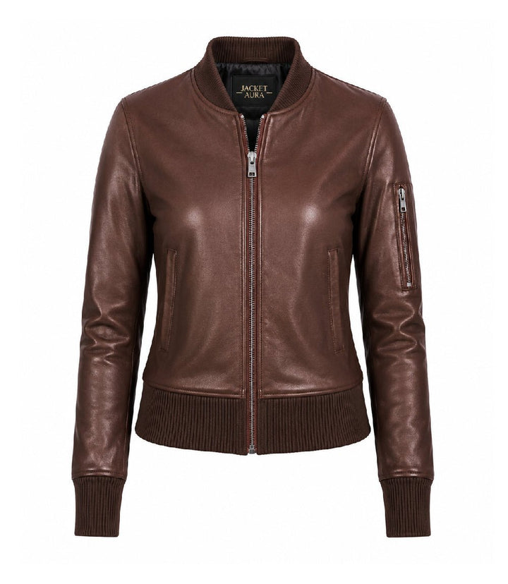 Women’s Silky Brown Leather Bomber Jacket in XS - Jacket Aura
