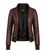 Women’s Silky Brown Leather Bomber Jacket in XS - Jacket Aura