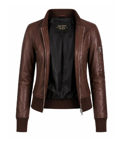 Women’s Silky Brown Leather Bomber Jacket in XS - Jacket Aura