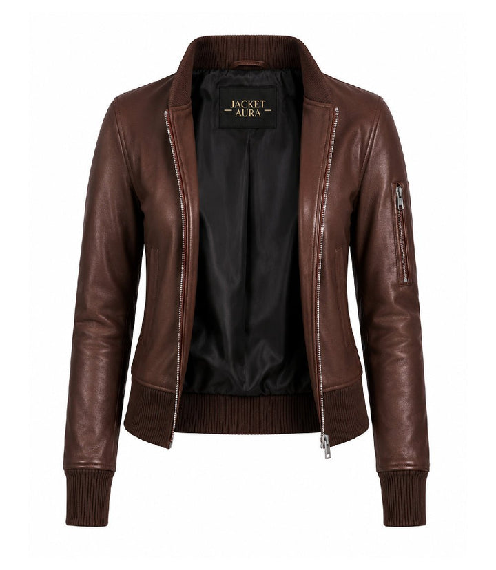 Women’s Silky Brown Leather Bomber Jacket in XS - Jacket Aura