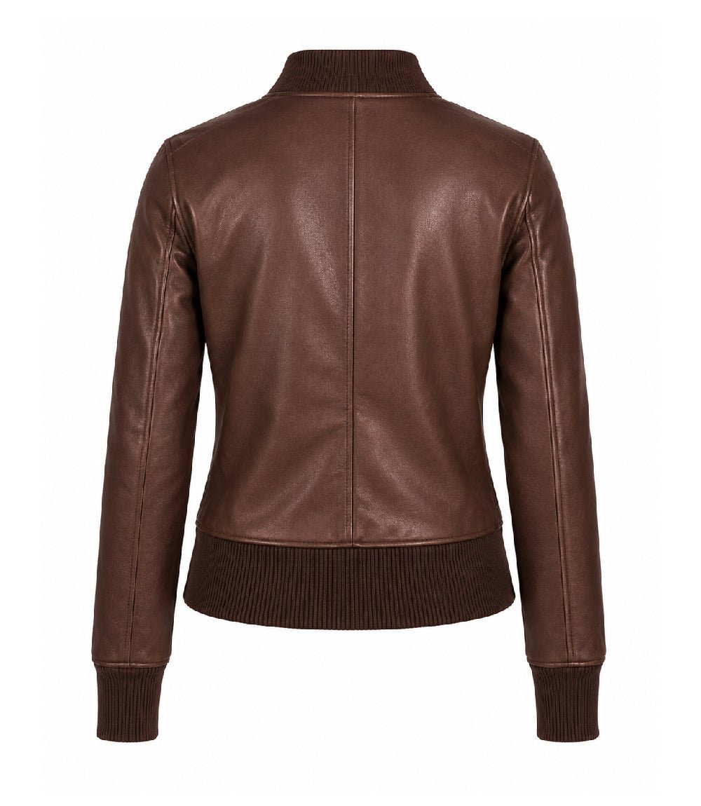 Women’s Silky Brown Leather Bomber Jacket in XS - Jacket Aura