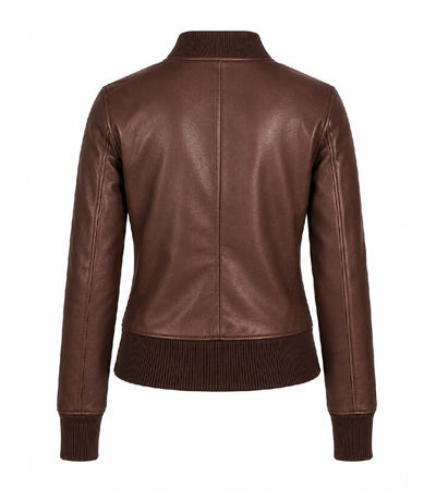 Women’s Silky Brown Leather Bomber Jacket in XS - Jacket Aura