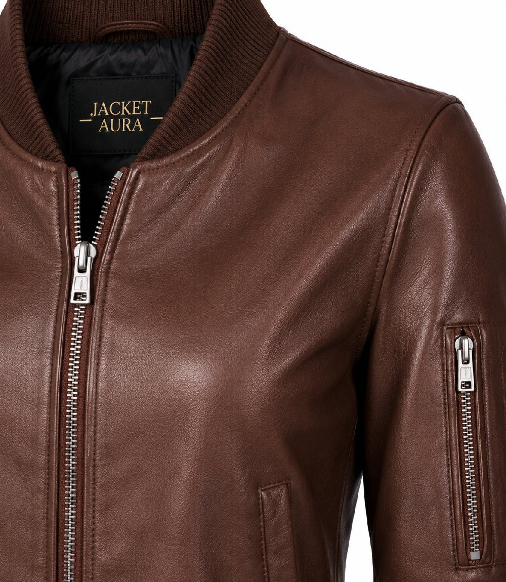 Women’s Silky Brown Leather Bomber Jacket in XS - Jacket Aura