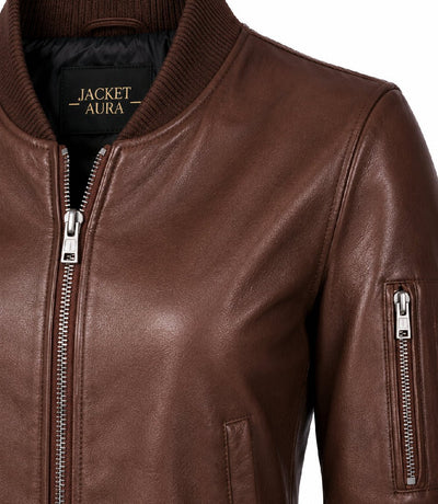 Women’s Silky Brown Leather Bomber Jacket in XS - Jacket Aura