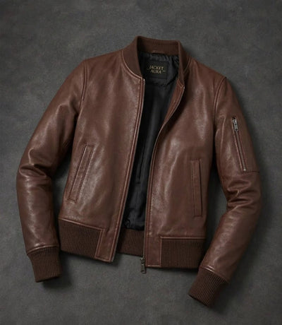 Women’s Silky Brown Leather Bomber Jacket in XS - Jacket Aura