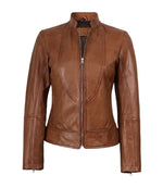 Women’s Tan Waxed Slim Fit Biker Style Leather Jacket | Jacket Aura in XS - Jacket Aura
