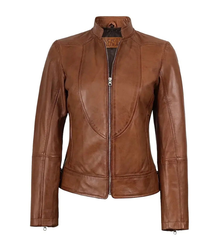 Women’s Tan Waxed Slim Fit Biker Style Leather Jacket | Jacket Aura in XS - Jacket Aura
