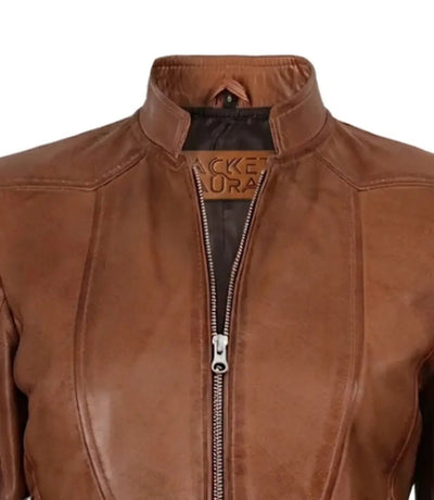 Women’s Tan Waxed Slim Fit Biker Style Leather Jacket | Jacket Aura in XS - Jacket Aura