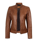 Women’s Tan Waxed Slim Fit Biker Style Leather Jacket | Jacket Aura in XS - Jacket Aura