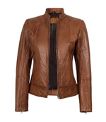 Women’s Tan Waxed Slim Fit Biker Style Leather Jacket | Jacket Aura in XS - Jacket Aura