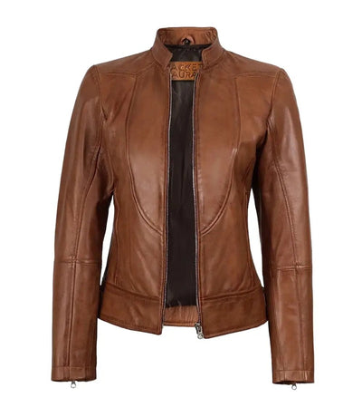 Women’s Tan Waxed Slim Fit Biker Style Leather Jacket | Jacket Aura in XS - Jacket Aura