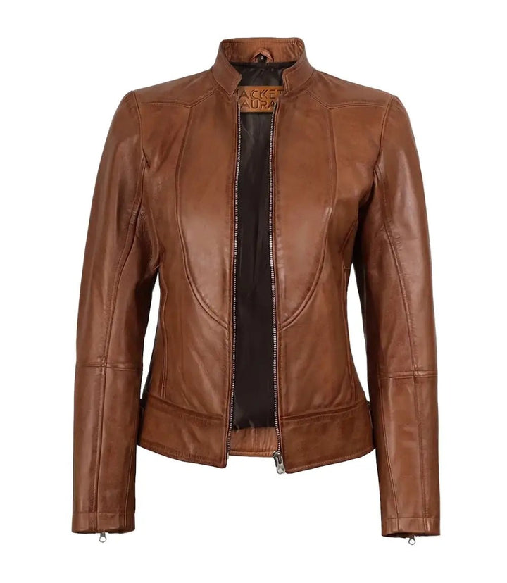 Women’s Tan Waxed Slim Fit Biker Style Leather Jacket | Jacket Aura in XS - Jacket Aura
