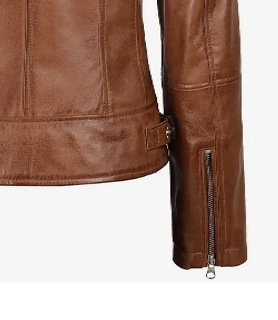 Women’s Tan Waxed Slim Fit Biker Style Leather Jacket | Jacket Aura in XS - Jacket Aura