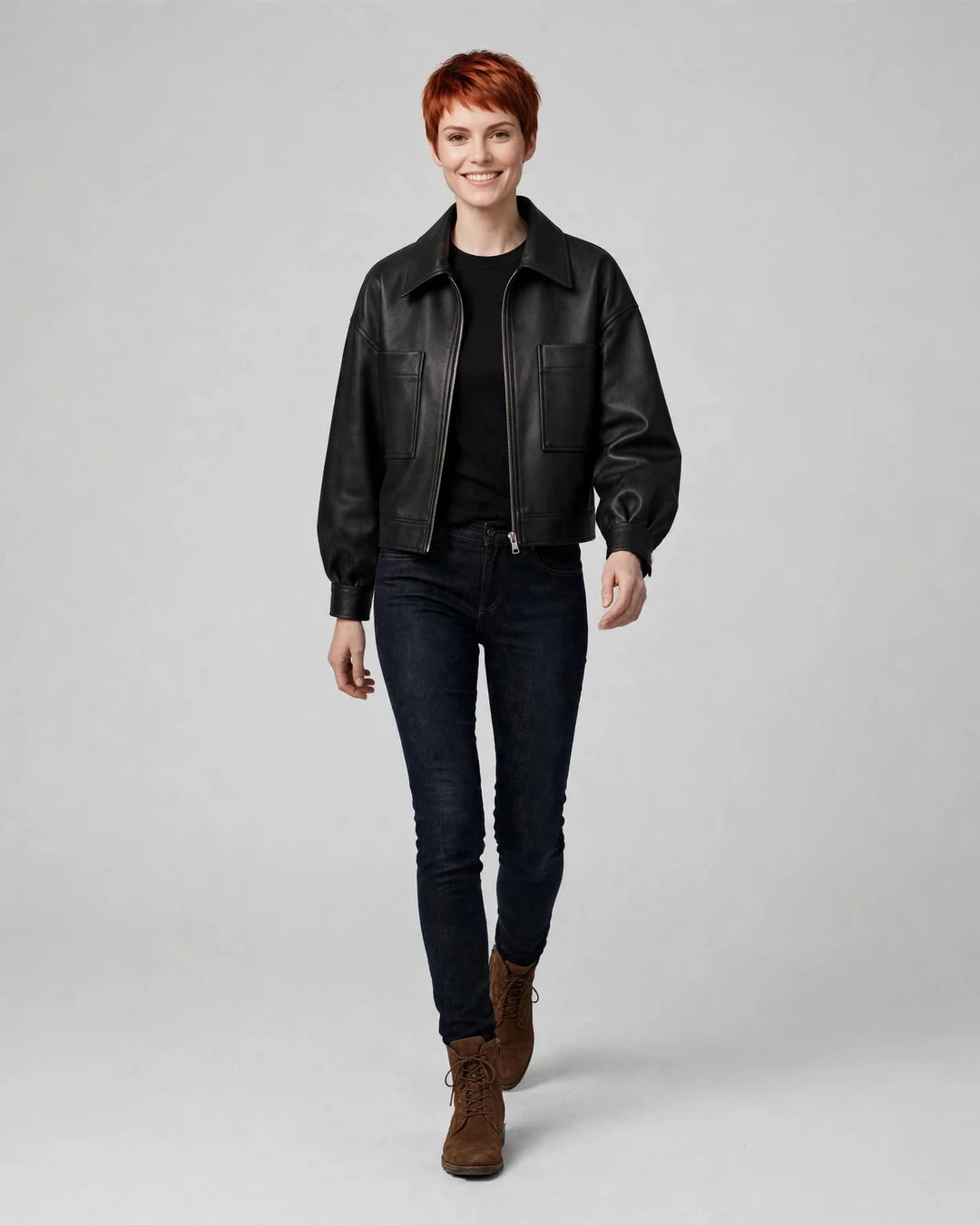 Women's Black Moto Full Grain Leather Jacket Front - Jacket Aura