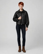 Women's Black Moto Full Grain Leather Jacket Front View - Jacket Aura