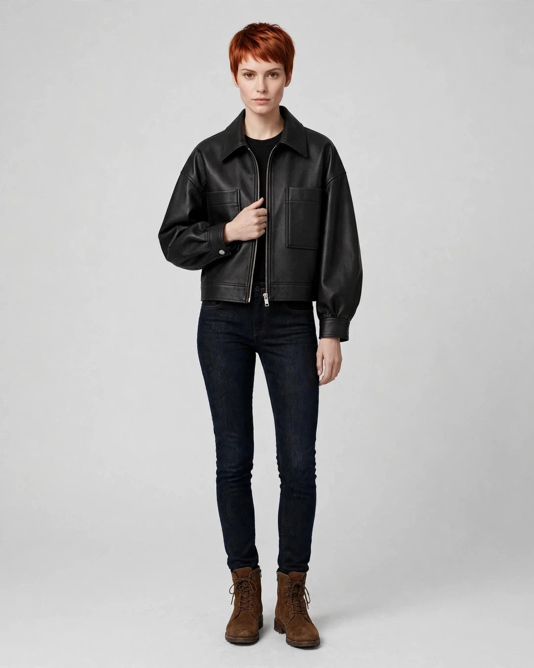 Women's Black Moto Full Grain Leather Jacket Front View - Jacket Aura