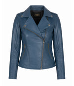 Women's Blue Leather Biker Jacket - Jacket Aura