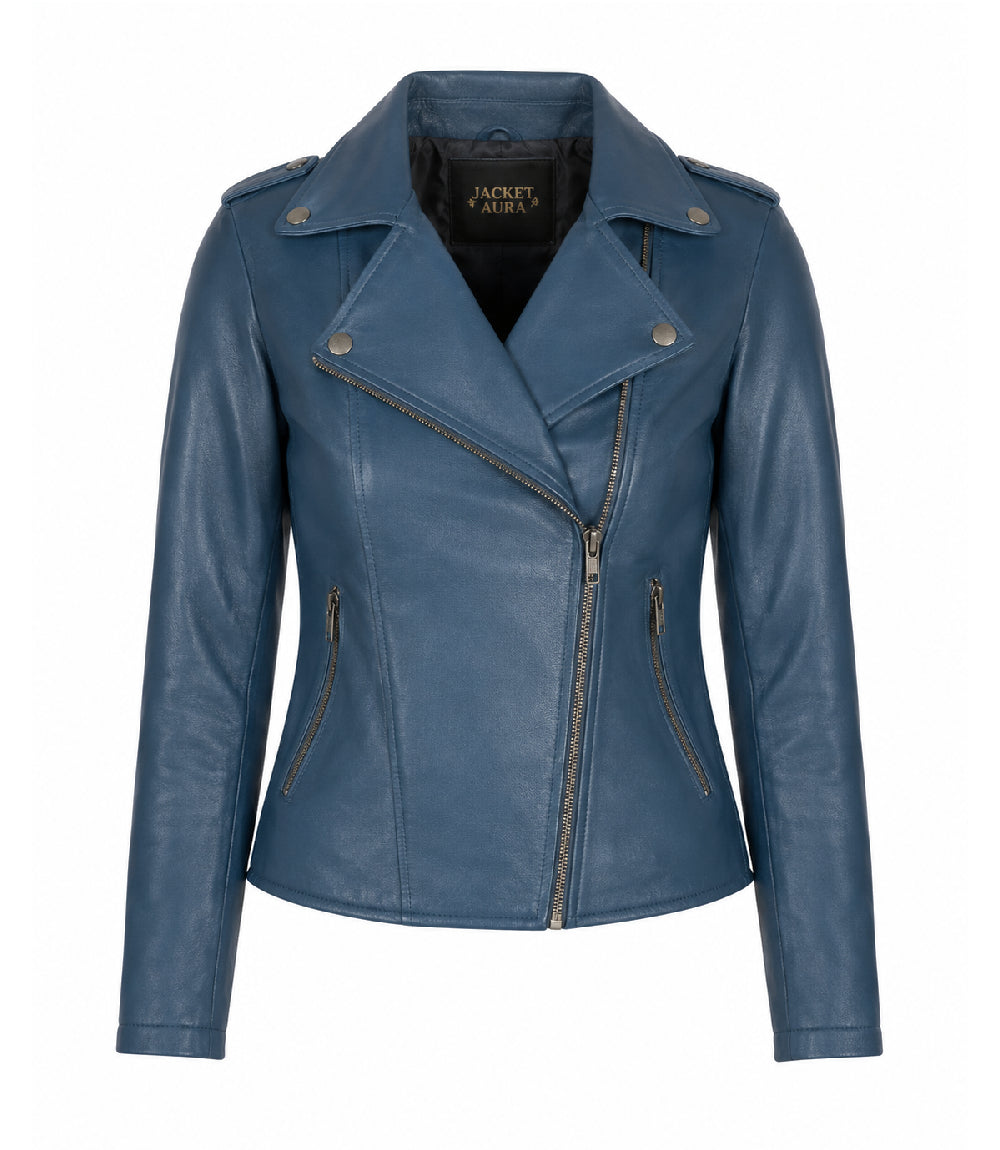 Women's Blue Leather Biker Jacket - Jacket Aura