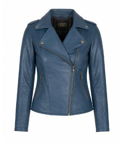 Women's Blue Leather Biker Jacket - Jacket Aura