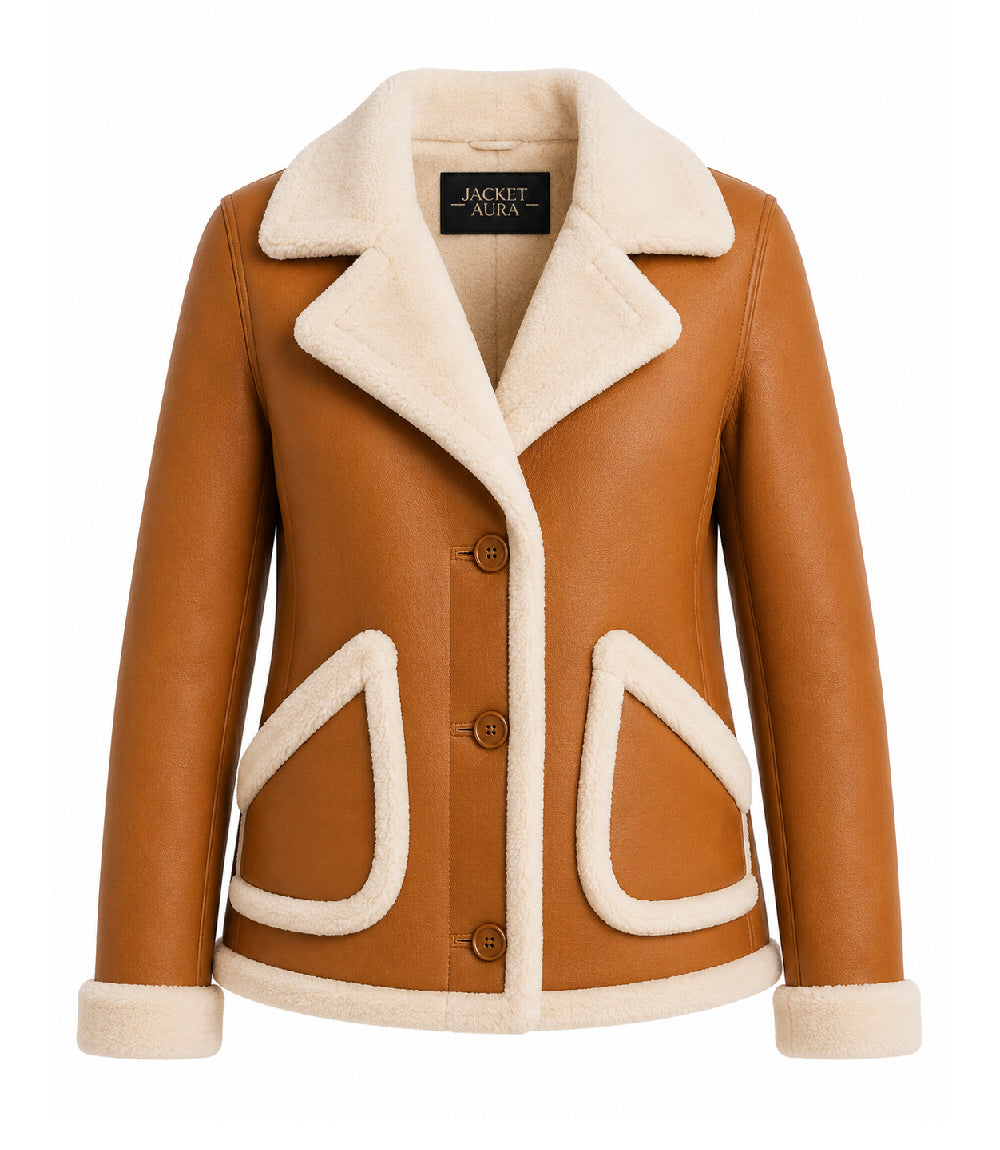 Women's Caramel Brown Shearling Leather Jacket - Jacket Aura