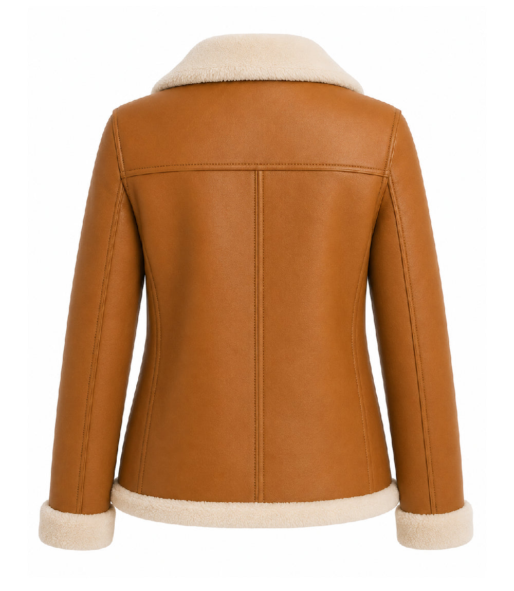 Women's Caramel Brown Shearling Leather Jacket Back - Jacket Aura
