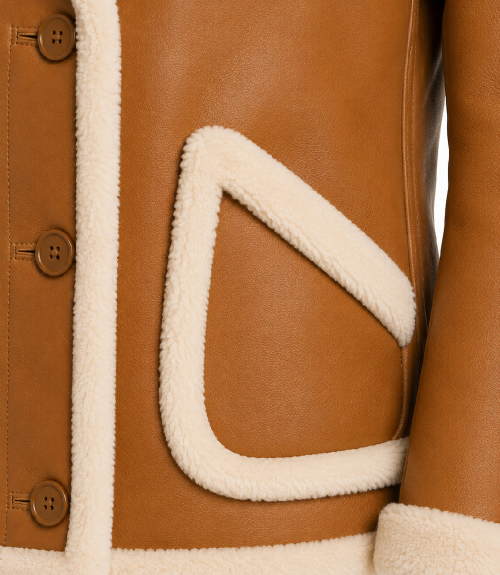 Women's Caramel Brown Shearling Leather Jacket Closeup - Jacket Aura