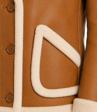 Women's Caramel Brown Shearling Leather Jacket Closeup - Jacket Aura