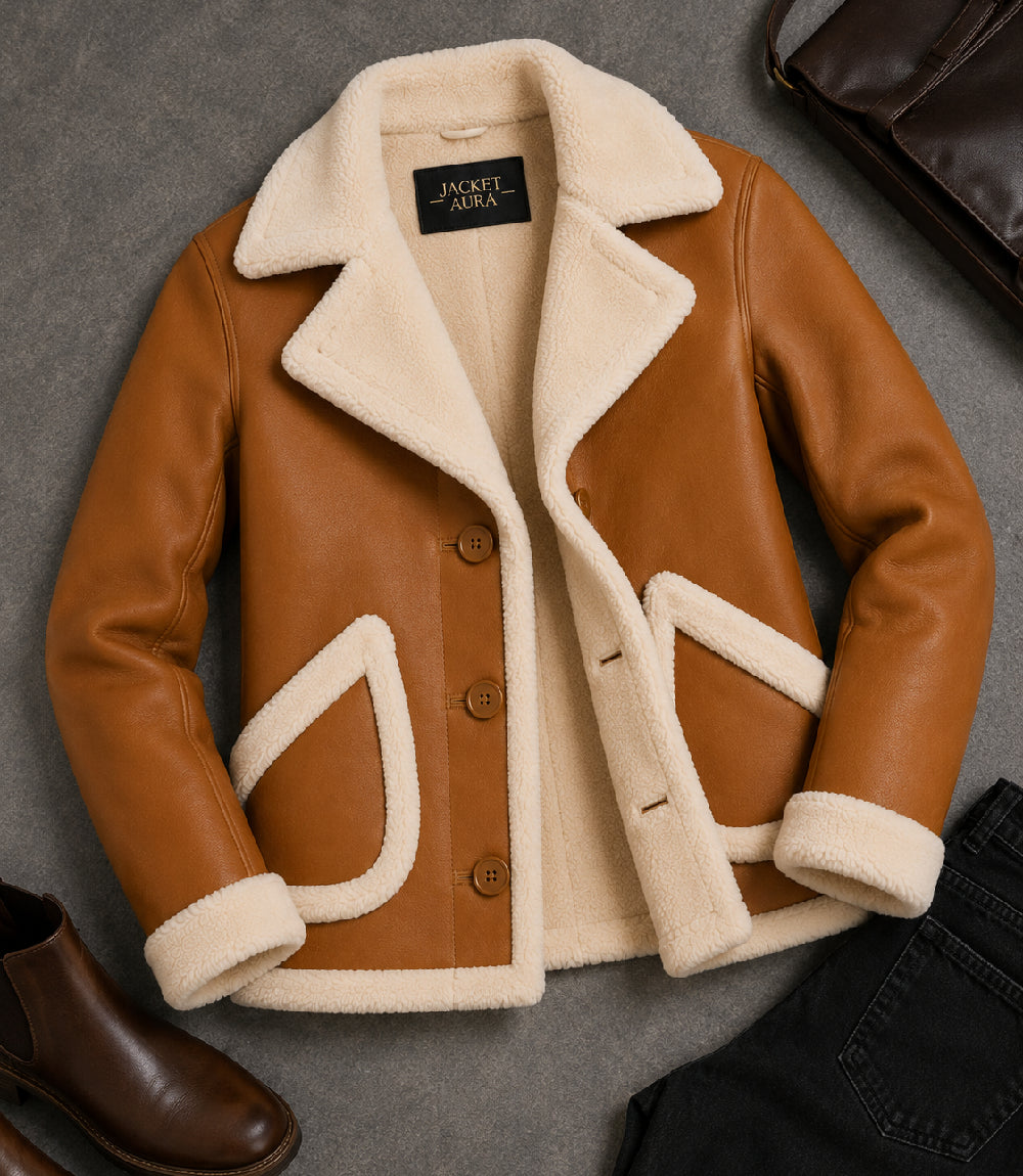 Women's Caramel Brown Shearling Leather Jacket Front View - Jacket Aura