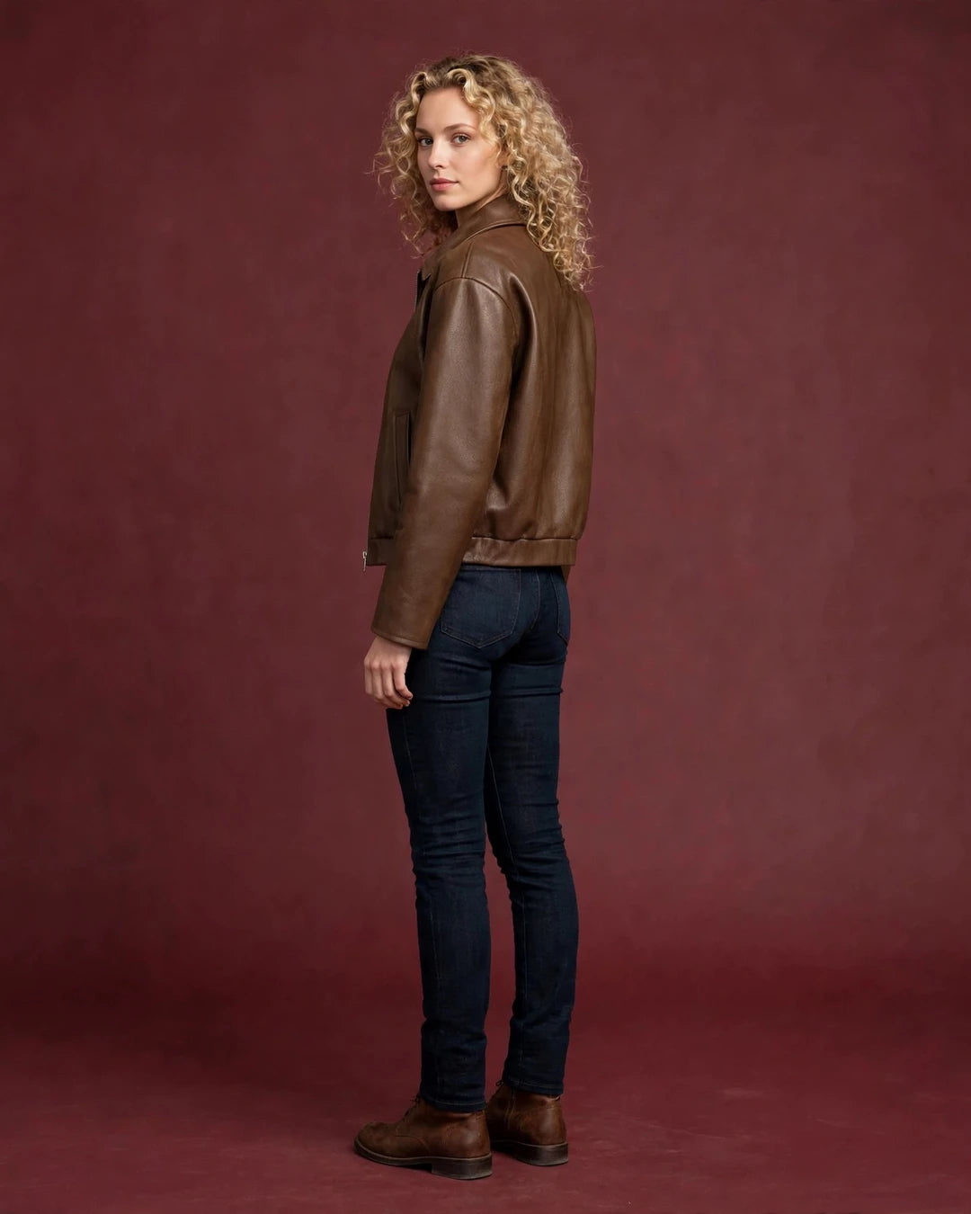 Women's Classic Brown Full Grain Leather Jacket Back - Jacket Aura