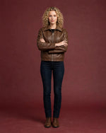 Women's Classic Brown Full Grain Leather Jacket Front - Jacket Aura
