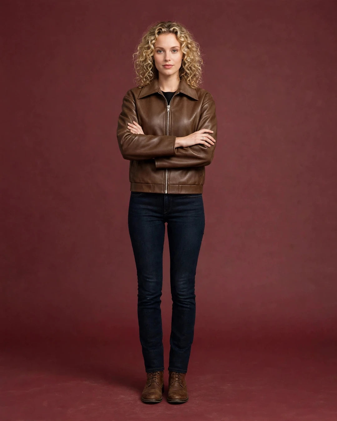 Women's Classic Brown Full Grain Leather Jacket Front - Jacket Aura