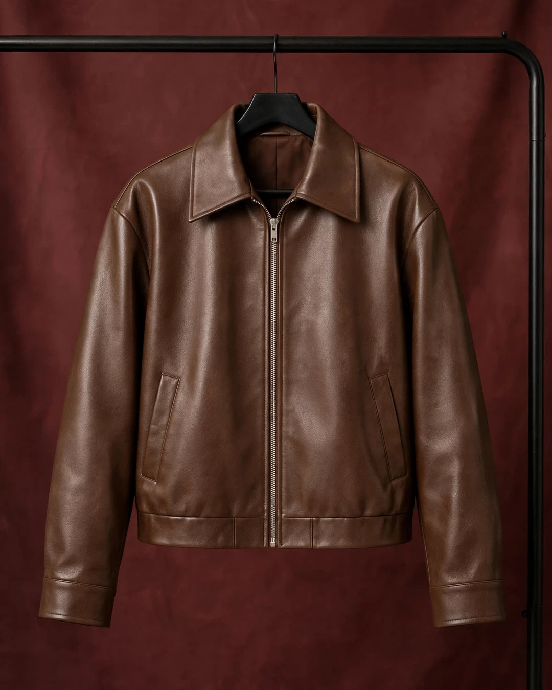 Women's Classic Brown Full Grain Leather Jacket Front View - Jacket Aura